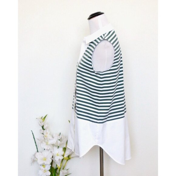 NEW! Lafayette 148 Striped Button Front Sleeveless Shirt Top Green White SZ S - Picture 3 of 7